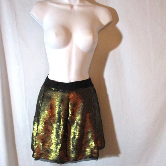 PROENZA SCHOULER Gold Sequin Pleated Mini Skirt Black 6 Glam Party Runway - Picture 2 of 5